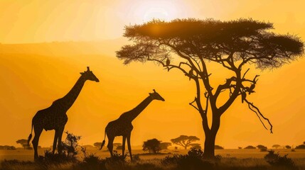 Fototapeta na wymiar Majestic Giraffes Grazing at Sunset in the African Savannah.