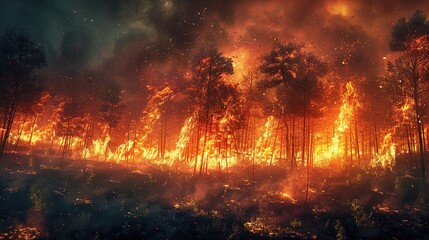 Fototapeta na wymiar Forest Fire Disaster Illustration: Trees Burning at Night, AI-Generated