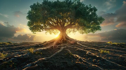 Depict a tree with roots spreading deep into the earth and branches reaching towards the sky,...