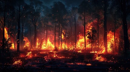  Forest Fire Disaster Illustration: Trees Burning at Night, AI-Generated