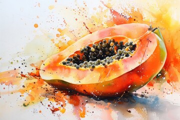 Watercolor painting of ripe papaya with color splashes. 8k