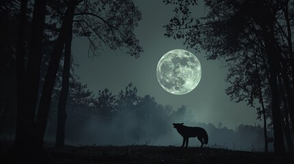 Haunting Image of Lone Wolf Howling at Full Moon in Night Scene
