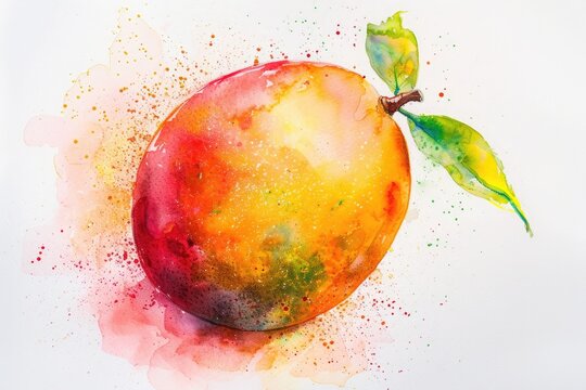 Watercolor painting of ripe mango with color splashes. 8k