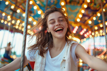 A happy young girl expressing excitement while on a colorful carousel