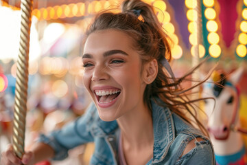A happy young girl expressing excitement while on a colorful carousel