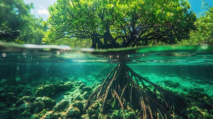  Mangrove Tree and Roots Underwater Surface, Green Submerged Foliage, AI-Generated