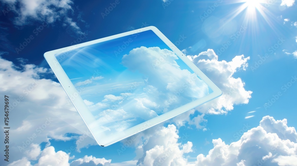 Poster technology background - concept of cloud computing. abstract tablet pc in blue sky with white clouds