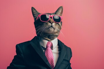 The Rich Cat wearing pink sunglasses in business suit and tie in pink background