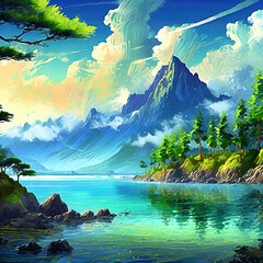 푸른숲 바다 산 맑은구름  - obrazy, fototapety, plakaty