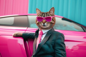 The Rich Cat wearing pink sunglasses business suit and tie with his Supercar