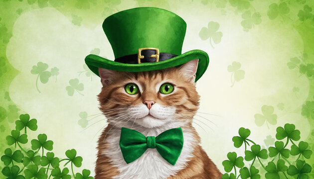 A cat leprechaun wearing a green hat, on a green background with a shamrock. St. Patrick's Day celebrations background with copy space in cartoon style