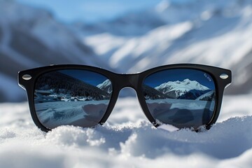 Sleek black wayfarer sunglasses with a crisp mirror reflection of a snowy mountain range, ideal for a winter sports theme.  - obrazy, fototapety, plakaty