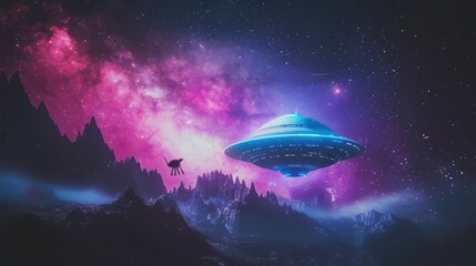 Sci-fi collage - aliens space ship above aliens colony on planet Earth, extraterrestrial spherical life form fly in dark night sky. Elements of this image furnished by NASA 8k