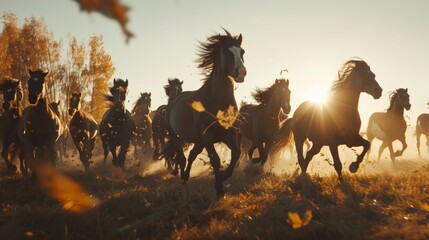 Majestic Wild Horses Galloping in Sunlit Meadow - Tracking Shot - obrazy, fototapety, plakaty