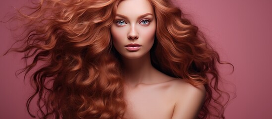Fototapeta premium A woman with vibrant, long red hair is striking a pose for a camera, showcasing her healthy hair and skin. She exudes confidence and beauty as she confidently poses for the photo.
