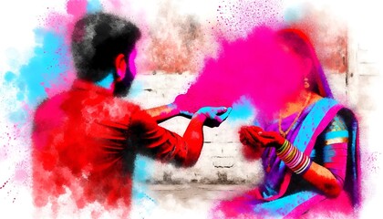 Illustration in grunge style of a vibrant holi celebration with man and woman throwing powder dust at each other.