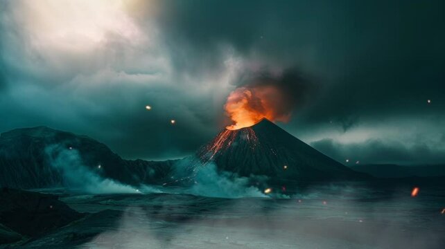 Scene of a volcano eruption animation video looping motion