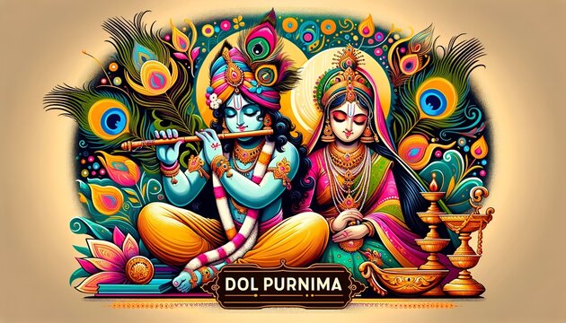 Dol purnima cartoon Illustration for celebrating the love of krishna and radha.