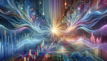 Tranquil Day Trading: Serene digital disintegration of stock market chart with rhythmic patterns.