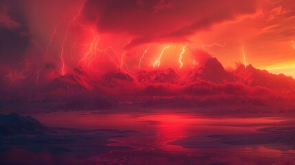 Nature background - lightnings in red sky 8k - Powered by Adobe
