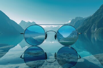 Minimalist round sunglasses with a cool blue tint, reflecting a serene lake surrounded by mountains, for a calm and peaceful mood. 8k