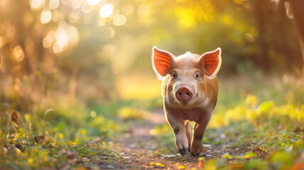 Piglet is walking on a path in the forest in sunny weather