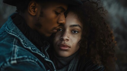 The image displays a close-up of two individuals in an intimate pose. On the left, a person with short hair and stubble is wearing a black cap and a blue denim jacket. Their eyes are closed, and their