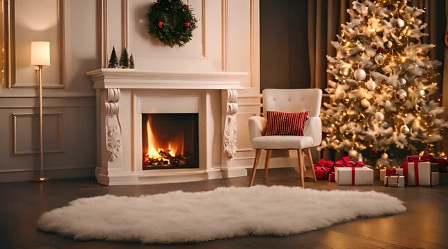 Stylish Room Interior Featuring a Decorative Fireplace: Festive Christmas Atmosphere