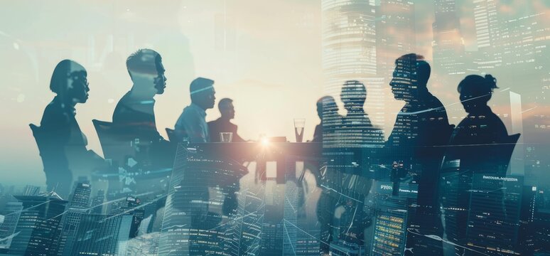 Many business people in the city office building double exposure images, the background shows the partners successful business transactions, teamwork, trust and the concept of agreement.