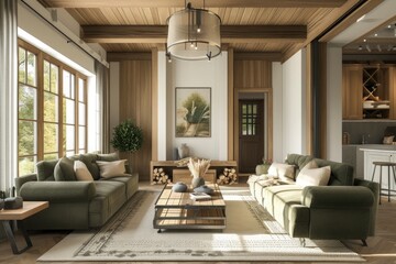 Interior of a light living room with olive green sofas in a wooden country house. 8k