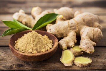 Fresh ginger root and ground ginger on wooden background