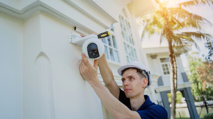 A technician installs a CCTV camera on the facade of a residential building.