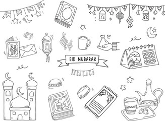 Set of vector doodle element related to Ramadhan and Eid. Used for sticker, poster, card, etc