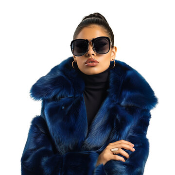 front view mid body shot of extremely beautiful female Latin model wearing a sapphire mink fur coat with sunglasses on a white transparent background.