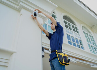 A technician installs a CCTV camera on the facade of a residential building.