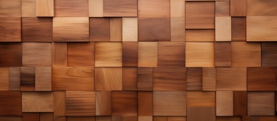 A close-up of a wooden wall featuring a meticulously crafted pattern of squares in various shades of brown, creating a visually striking abstract design.