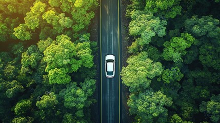 Aerial view of Electric car and EV electrical energy for environment, EV car on forest road. Ecosystem ecology healthy environment.
