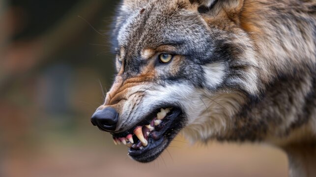 Menacing Wolf Close-Up with Bared Teeth in Eye-Level Shot