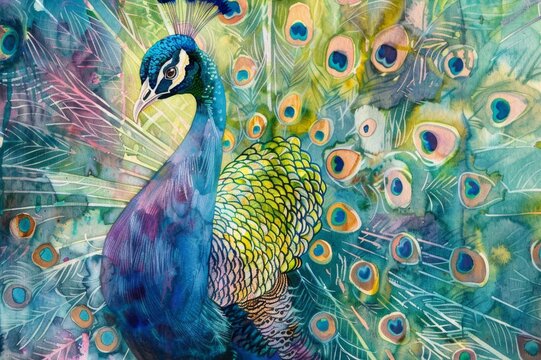 Beautiful peacock watercolor showing shimmering feathers.