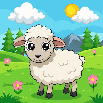 Playful Cartoon Sheep Stands in Vibrant Pastoral Landscape, Vector Illustration