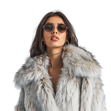 front view mid body shot of extremely beautiful female Latin model wearing a chinchilla fur coat with sunglasses on a white transparent background.