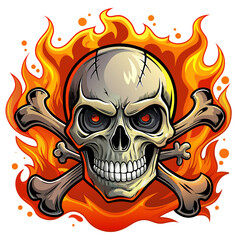 Skull with Cross Bones, Fire in Background, White Background, Vector Illustration