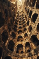 A monumental Tower of Babel pierces the sky, symbolizing human ambition, cultural diversity, unity and discord, human endeavor and divine intervention in this iconic biblical scene