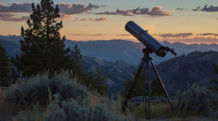 A telescope is set against a mountainous backdrop with a sunset sky, inviting exploration of nature