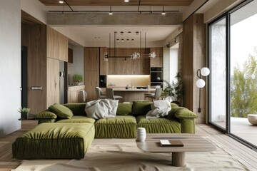 Interior of a light living room with olive green sofas in a wooden country house. 8k