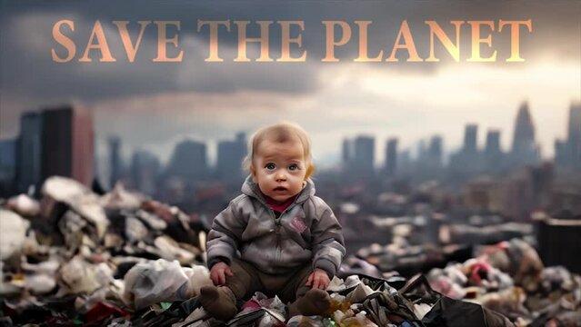 Baby boy sitting in a pile of dirty rubbish, not fresh air or air pollution, damaged city in the background and text save the planet. Global warming concept. Suitable for videos of Earth Day etc.