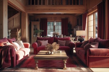 Interior of a light living room with burgundy sofas in a wooden country house. 8k