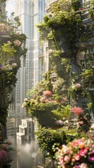 Fototapeta na wymiar Spring Skyline Gardens Background the lush vibrant gardens floating against a backdrop of clear spring skies - Floating islands of greenery blossoming flowers created with Generative AI Technology