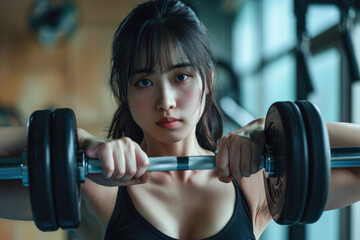 Beautiful young asian sportswoman lifting weights and working on her biceps in a gym