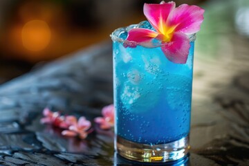 Blue drink with a straw and a lemon slice